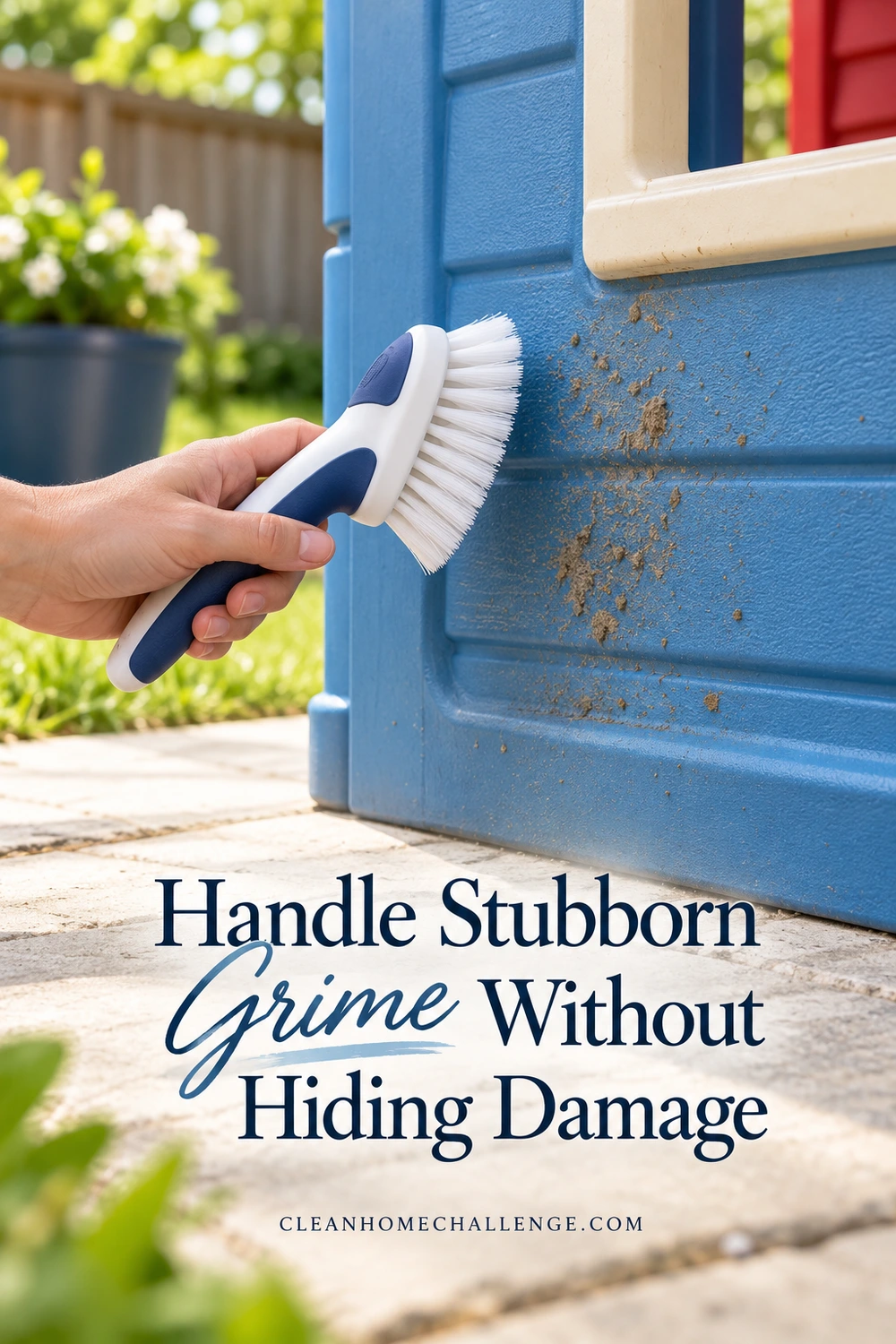 A hand holds a soft-bristled brush beside dried dirt on a blue plastic playhouse wall.