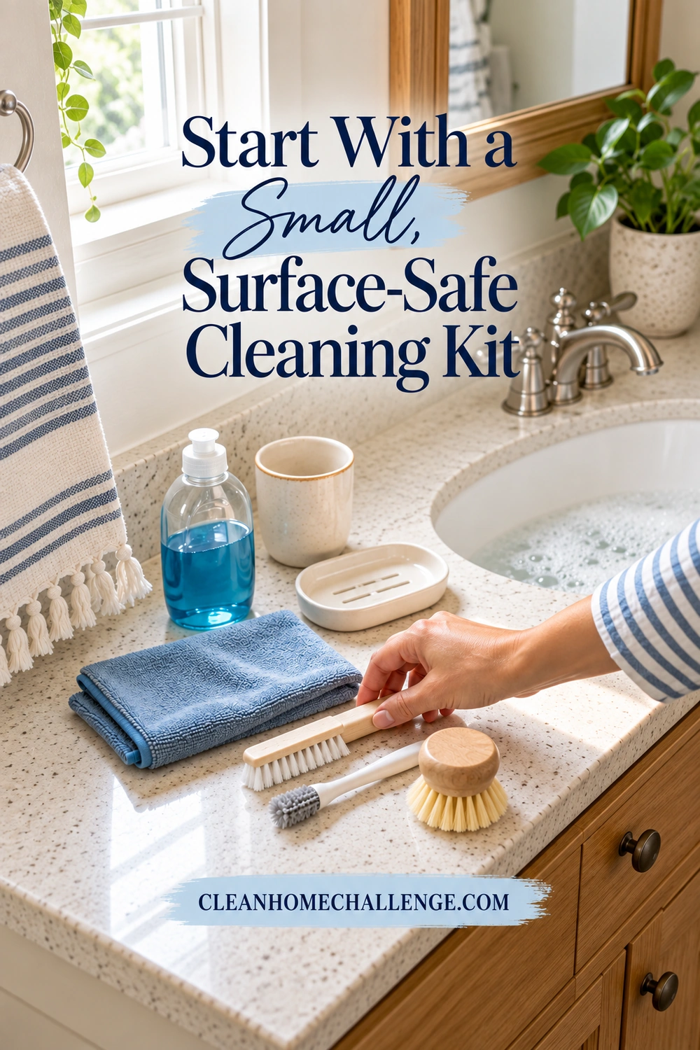 A striped-sleeve hand selects a wooden-handled soft brush beside a folded blue cloth, narrow brush, round soft brush, plain bottle of blue liquid, empty ceramic cup and soap dish at a bathroom sink.