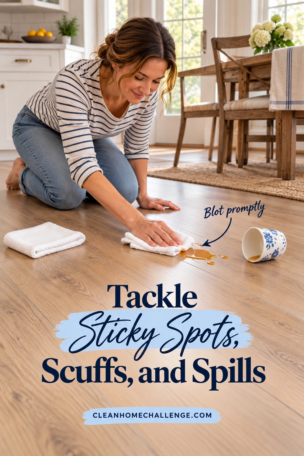 Woman kneeling on vinyl planks and blotting a small amber spill with a folded white cloth near a cup and dining chair.