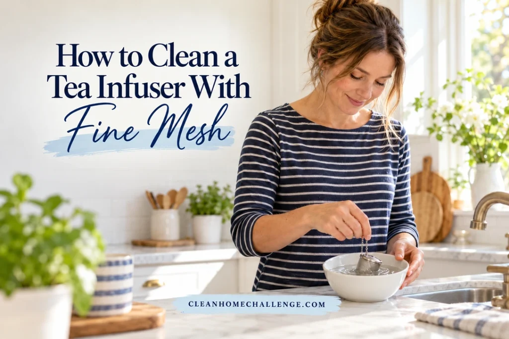 A striped-shirt woman swishes a small mesh tea infuser in a white bowl at her kitchen sink.