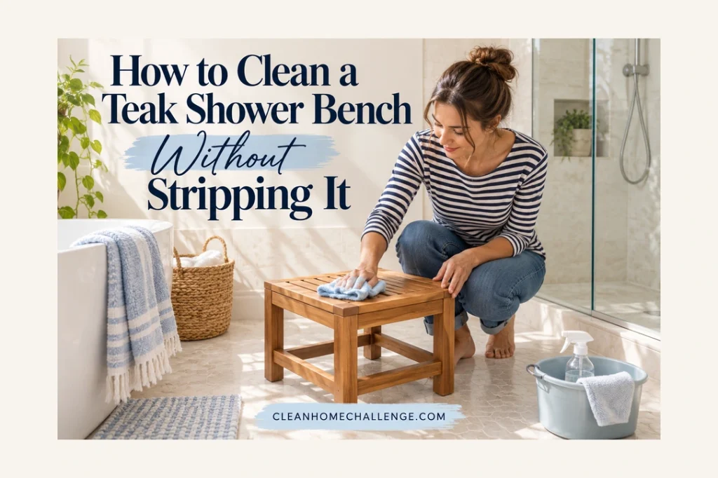 Woman crouching beside a teak shower bench and wiping the slats with a soft blue cloth.