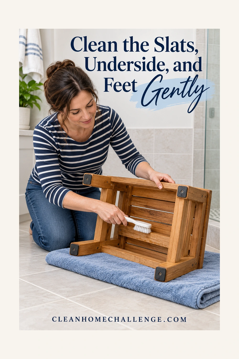 Woman gently brushing the underside of a teak bench supported on its side on a folded towel.