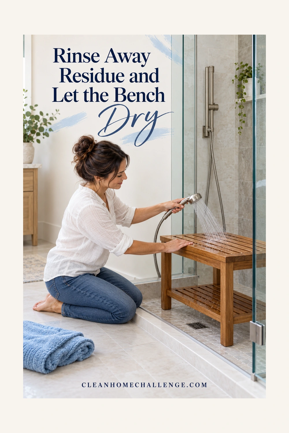 Woman rinsing a teak bench seat with a handheld shower while kneeling outside the enclosure.