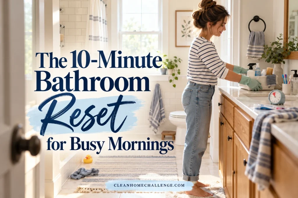 A woman in a striped shirt and gloves places a cleaning caddy on a bathroom vanity beside the title The 10-Minute Bathroom Reset for Busy Mornings.