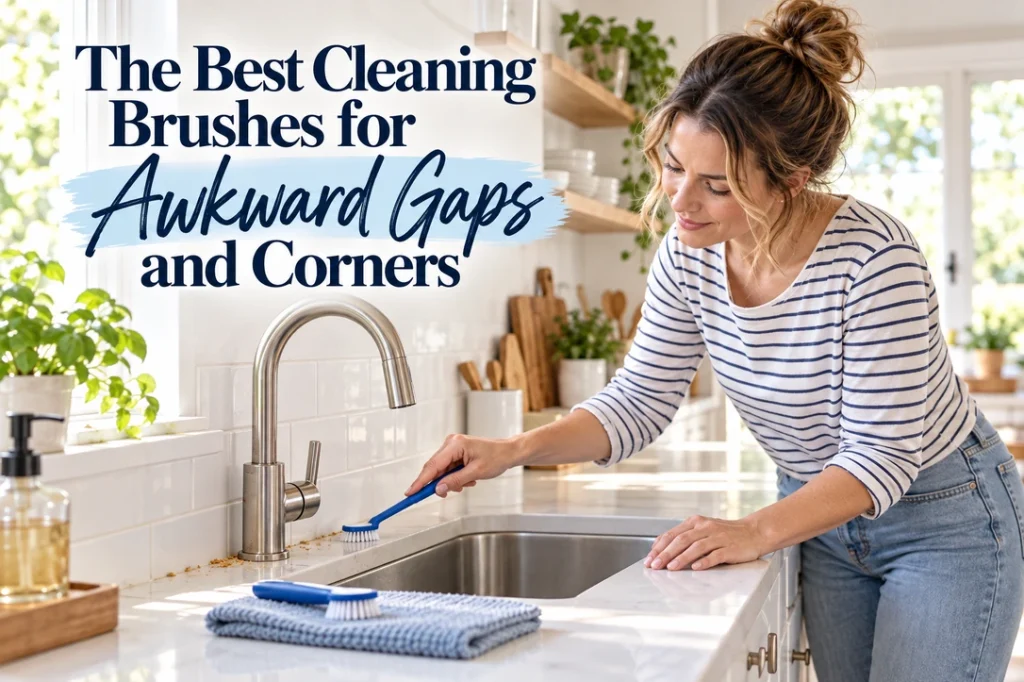 A woman uses a small blue detail brush along a crumb-filled kitchen sink edge.
