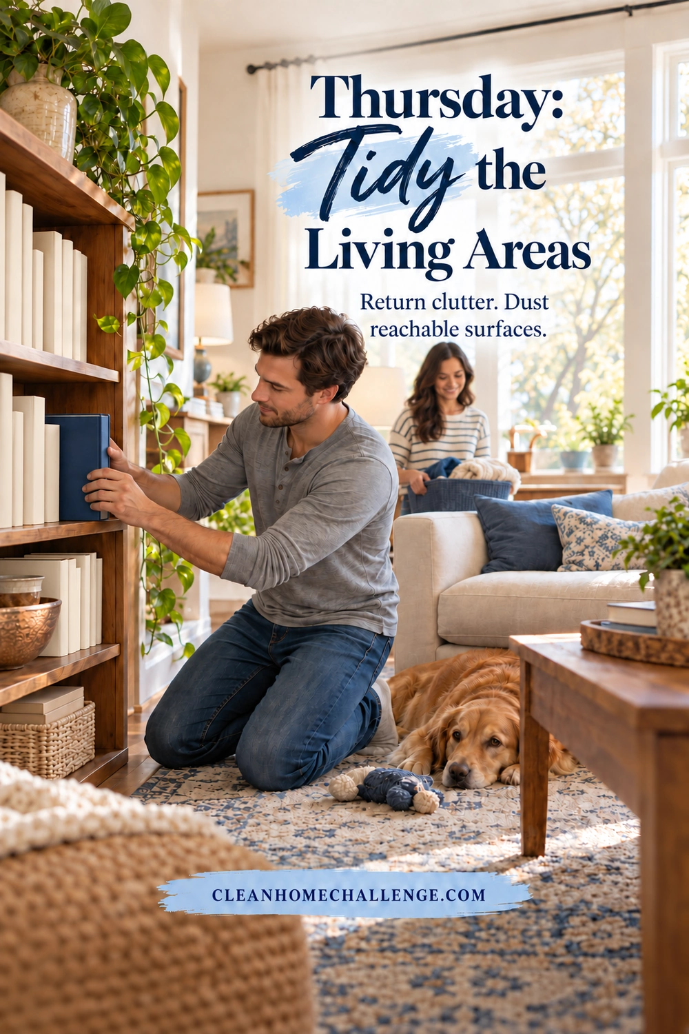 A man returns a book to living-room shelves while a woman carries a blue basket behind the sofa and a dog rests on the rug.