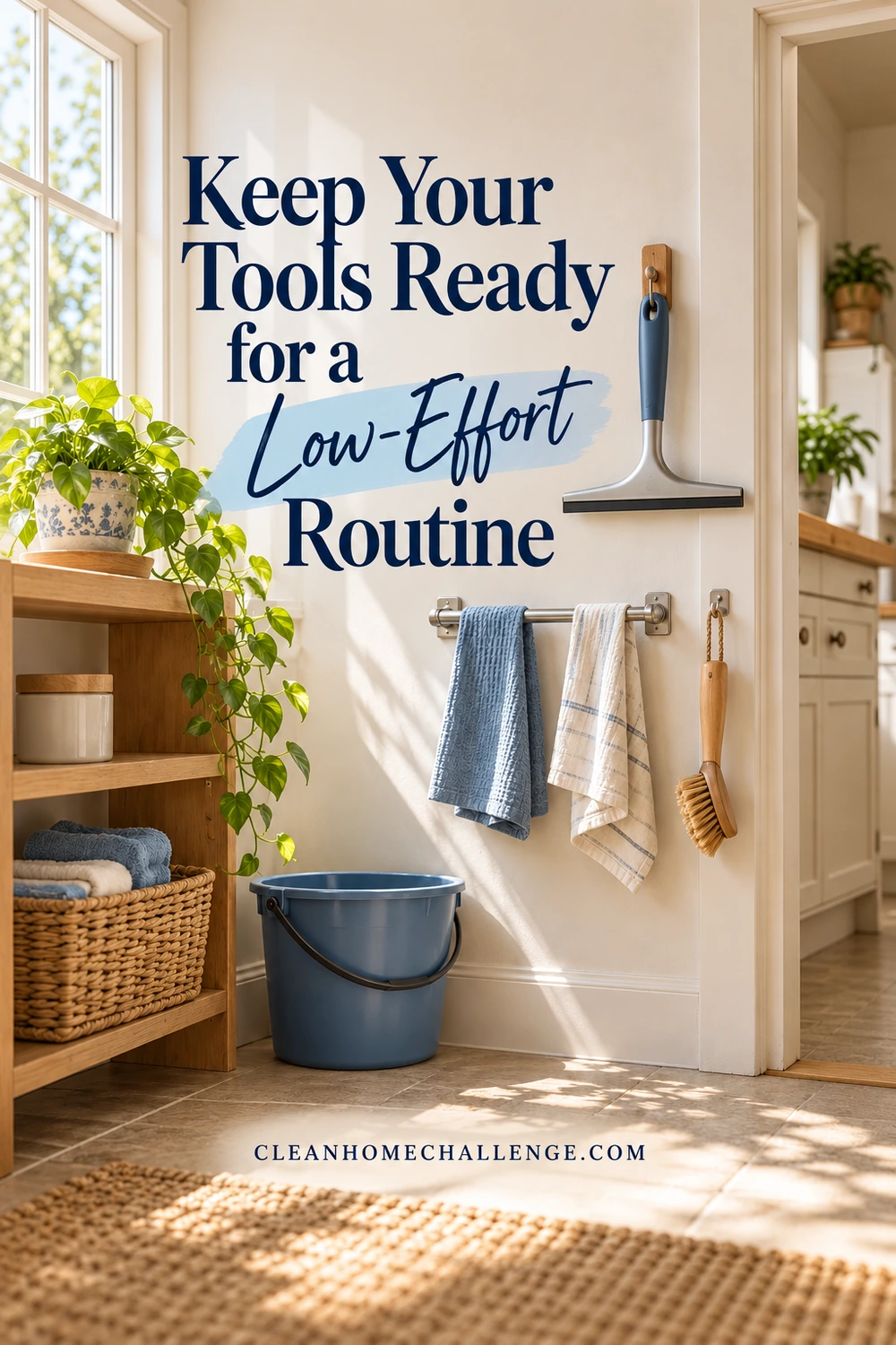 A squeegee and small brush hang in a utility nook above an empty blue bucket, with two cloths separated on a short rail.