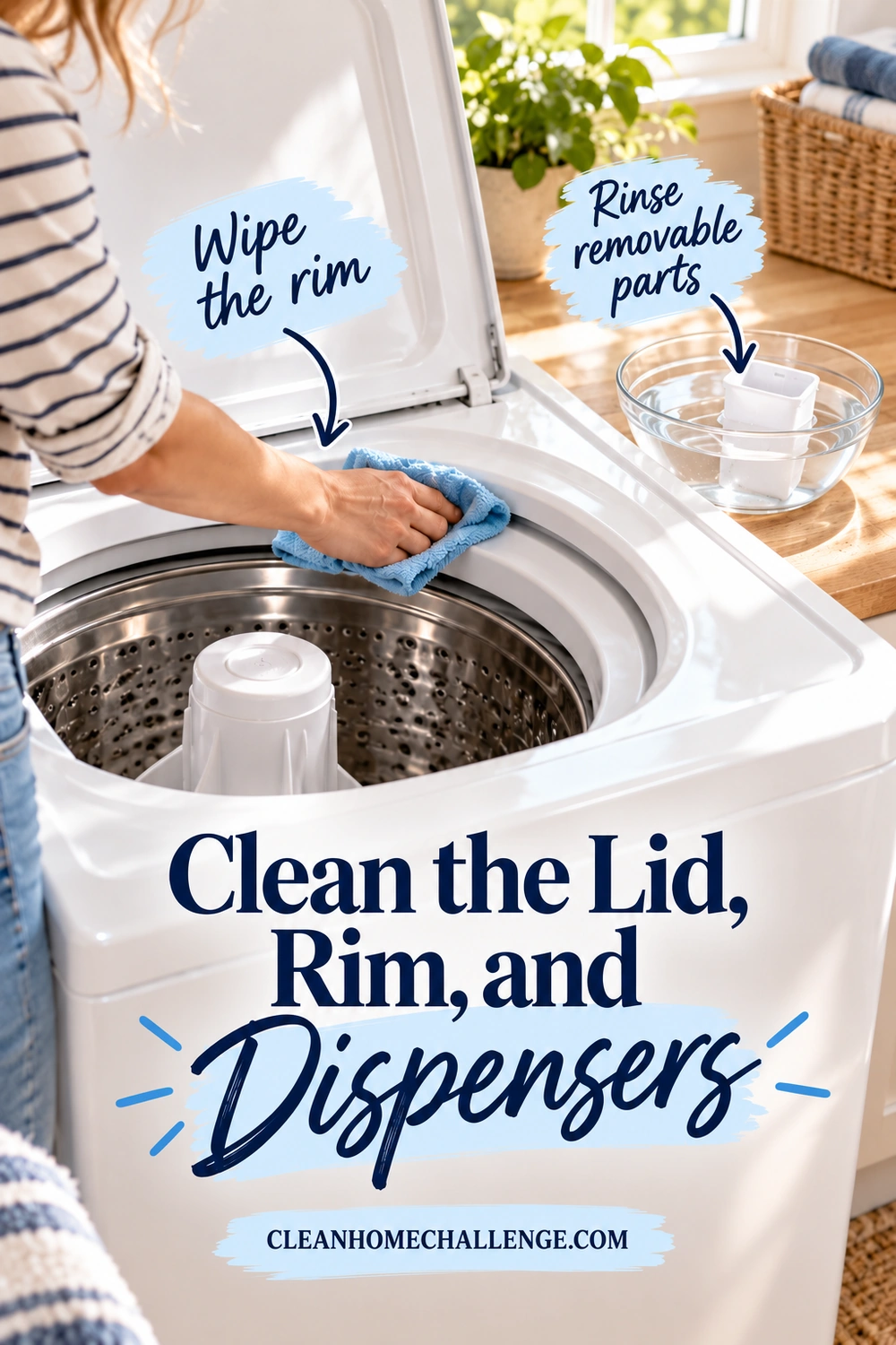 A hand wipes an open top-loader rim with a blue cloth while a removable white dispenser cup rests in a bowl of clear water on the counter.