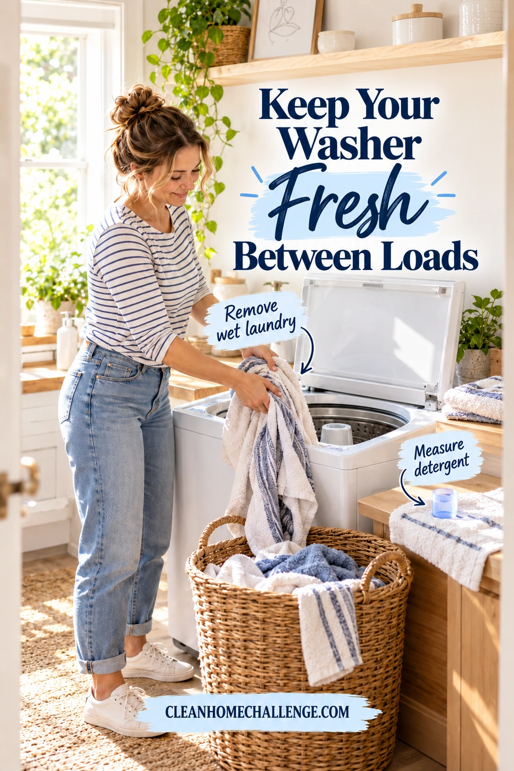 A woman moves clean towels from an open top-loading washer into a wicker basket, with a measuring cap on the nearby counter.