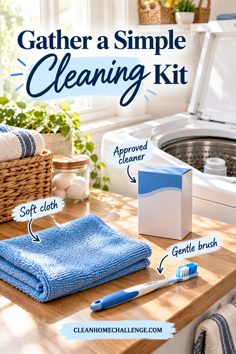 A blue microfiber cloth, soft toothbrush, and one blank washer-cleaner carton sit on an oak counter beside an open top-loading washer.