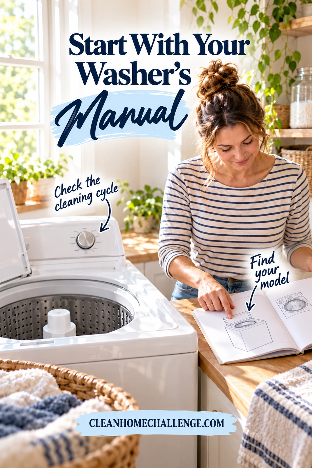 Woman consults an illustrated washer manual beside an open agitator top-loader, with callouts pointing to the booklet and control dial.