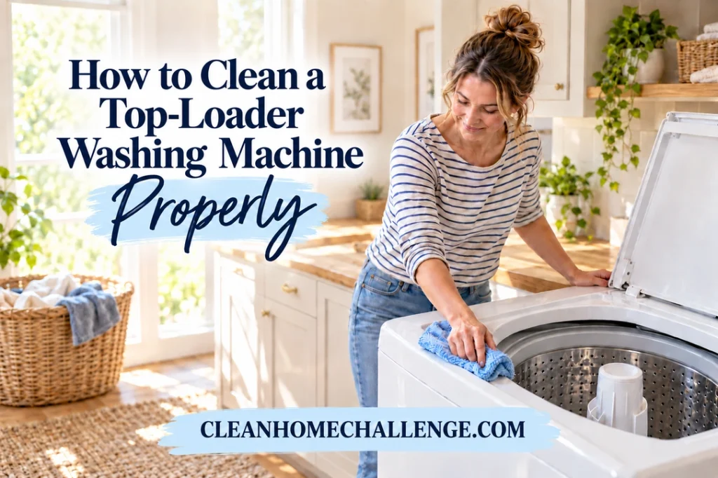 Woman in a striped shirt wipes the rim of an open agitator top-loading washer with a blue cloth in a sunlit laundry room.