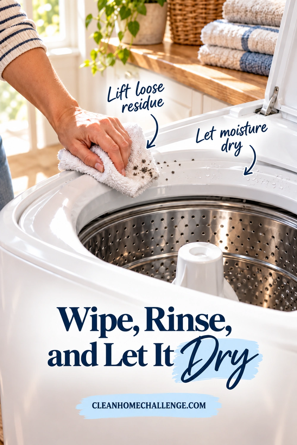A white cloth lifts small loose deposits from a top-loader rim, with water droplets visible on the cleaned edge.