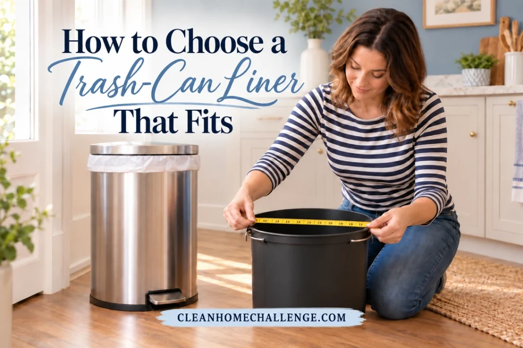 Woman measuring the opening of a clean black trash-can bucket beside a lined stainless steel pedal can in a bright kitchen.