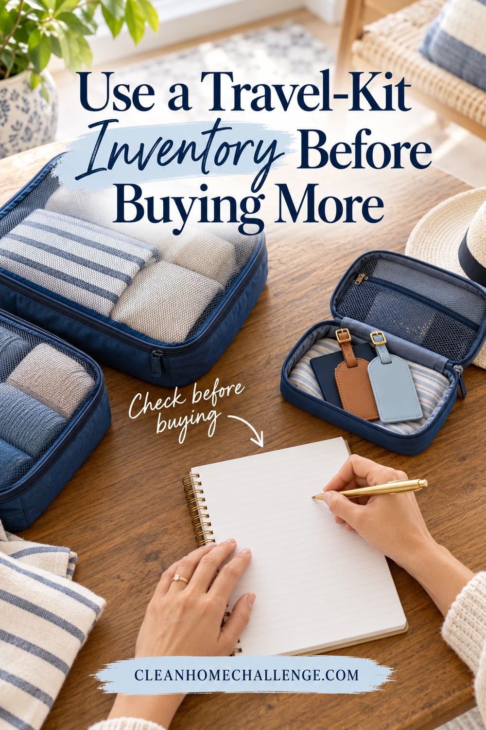Hands hold a pen above a notebook beside packing cubes and an open pouch of luggage tags.