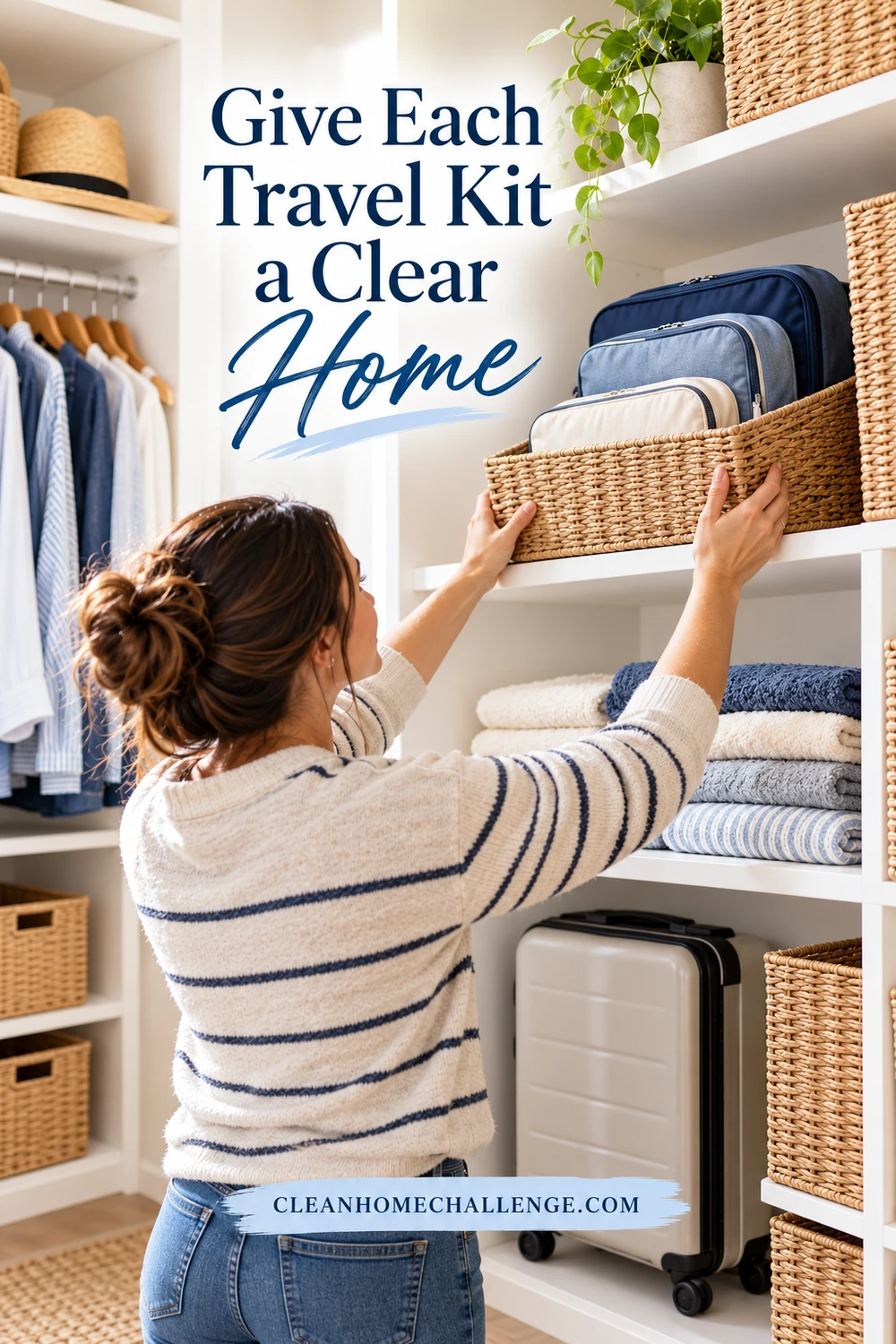 A woman places a basket of soft travel pouches on a closet shelf.