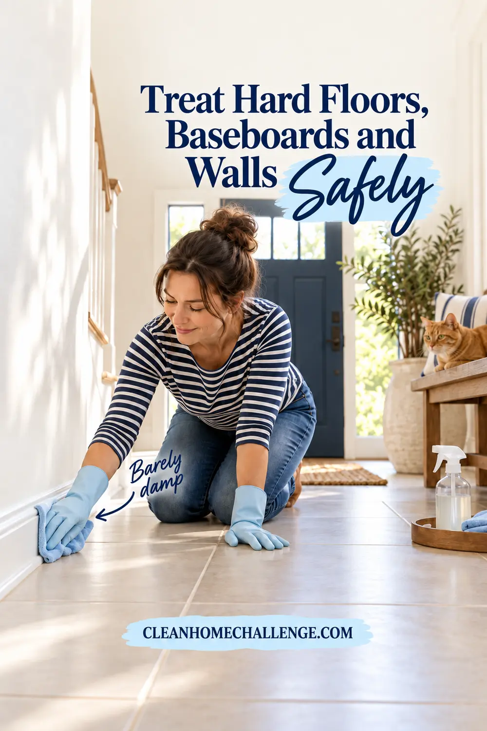 Woman wiping sealed tile and a painted baseboard with separate damp cloths