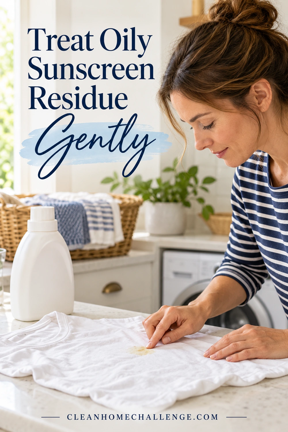 A woman gently touches an oily mark on a white shirt beside a closed detergent bottle.