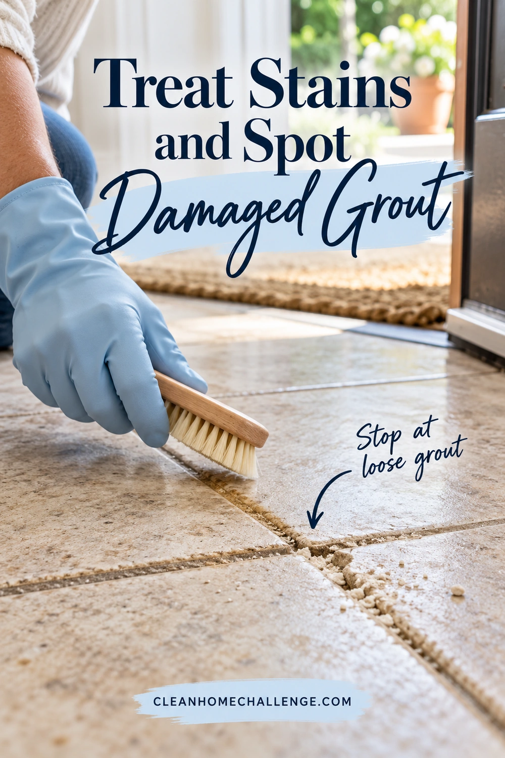 A gloved hand holds a small brush beside a crumbling grout intersection with loose pieces on the surrounding tiles.