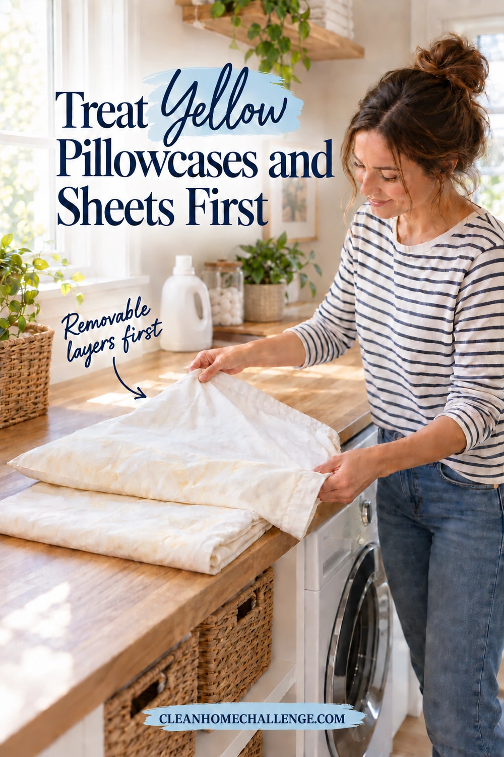 A woman unfolds a yellow-marked pillowcase over a folded sheet on a wooden laundry counter.