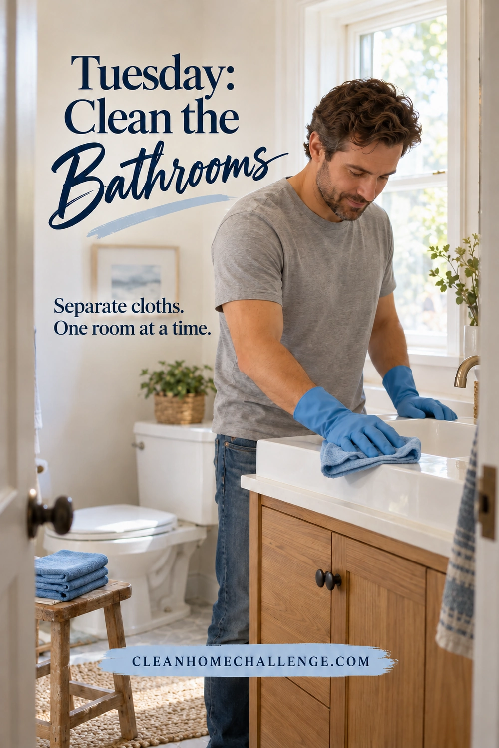 A man wearing blue cleaning gloves wipes a bathroom basin with a blue cloth; separate folded cloths sit on a stool beside a closed toilet.