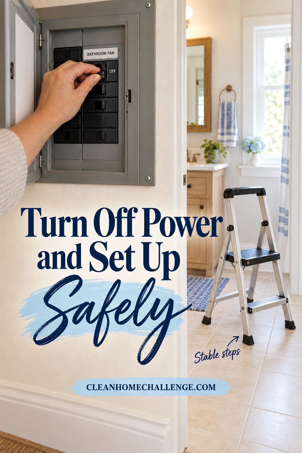 A hand switches a labeled bathroom fan circuit breaker off, with stable steps visible through the bathroom doorway.