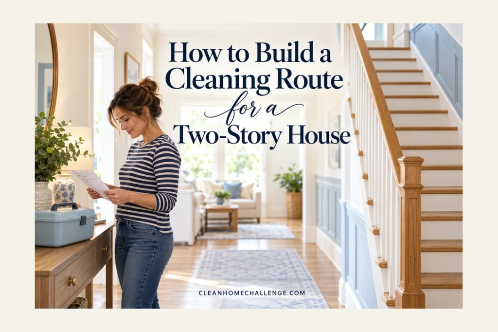 Woman reviews a paper cleaning plan beside a closed blue caddy and a clear wooden staircase.