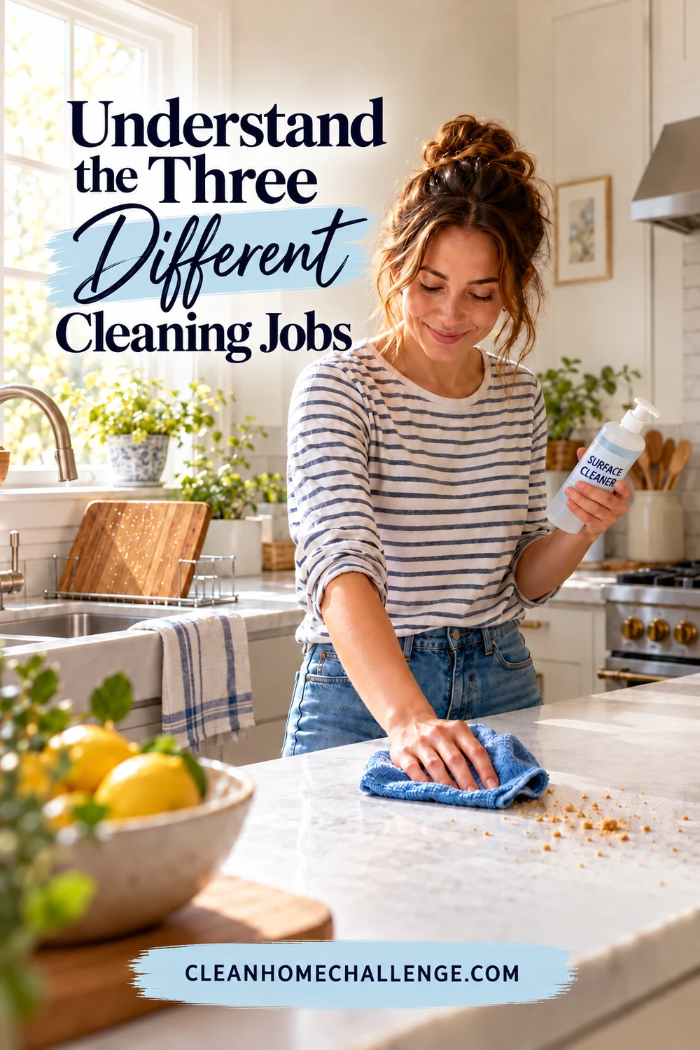 A woman wipes crumbs from a kitchen counter with a blue cloth while holding a bottle labeled Surface Cleaner, beneath the three cleaning jobs heading.