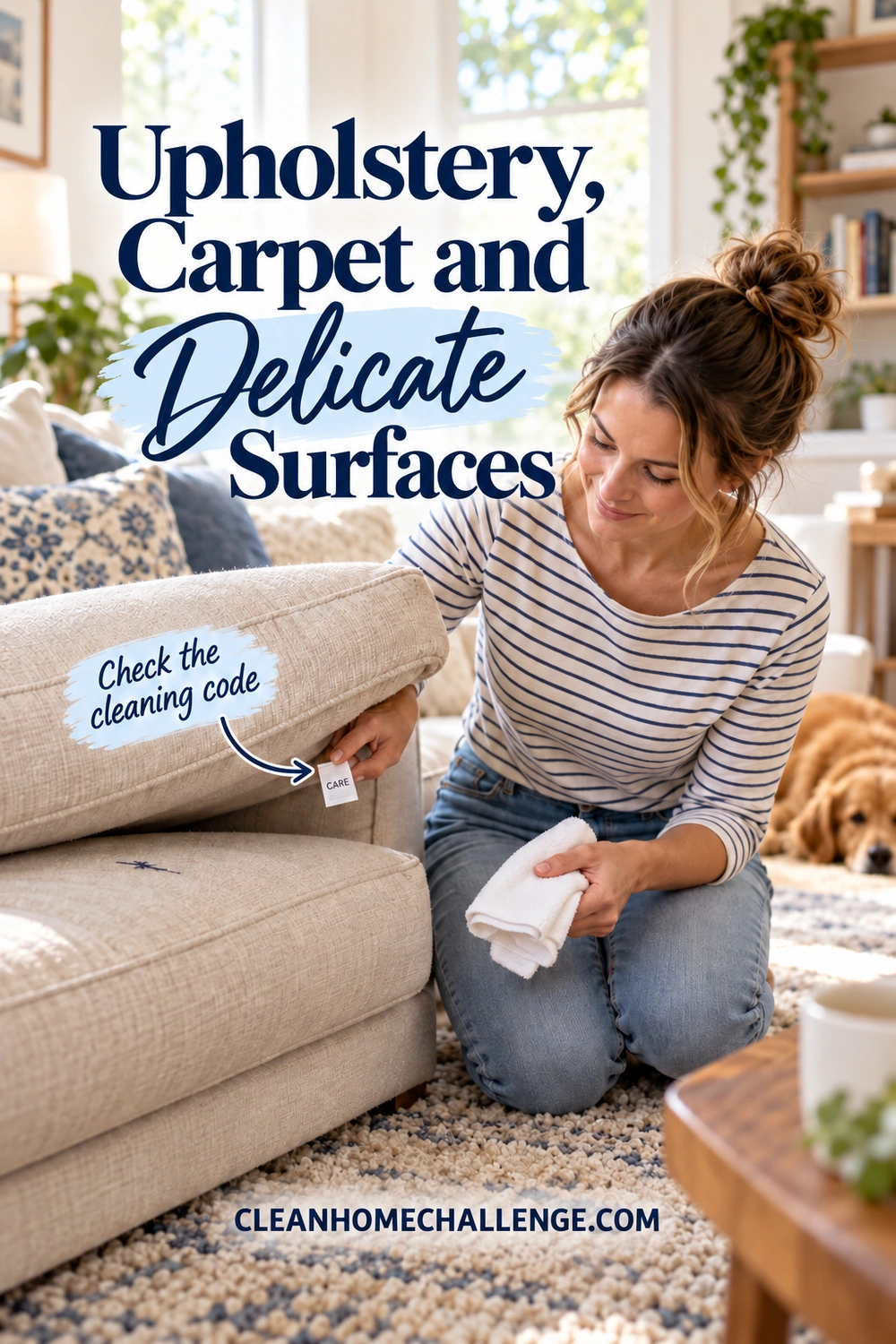 A woman lifts a sofa cushion to locate its attached care tag while holding a folded white cloth.