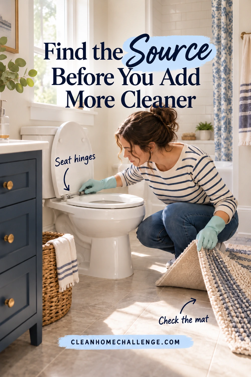A gloved woman kneels beside a white toilet, checks a seat hinge, and lifts a striped bath mat; curved arrows identify the hinge and mat.