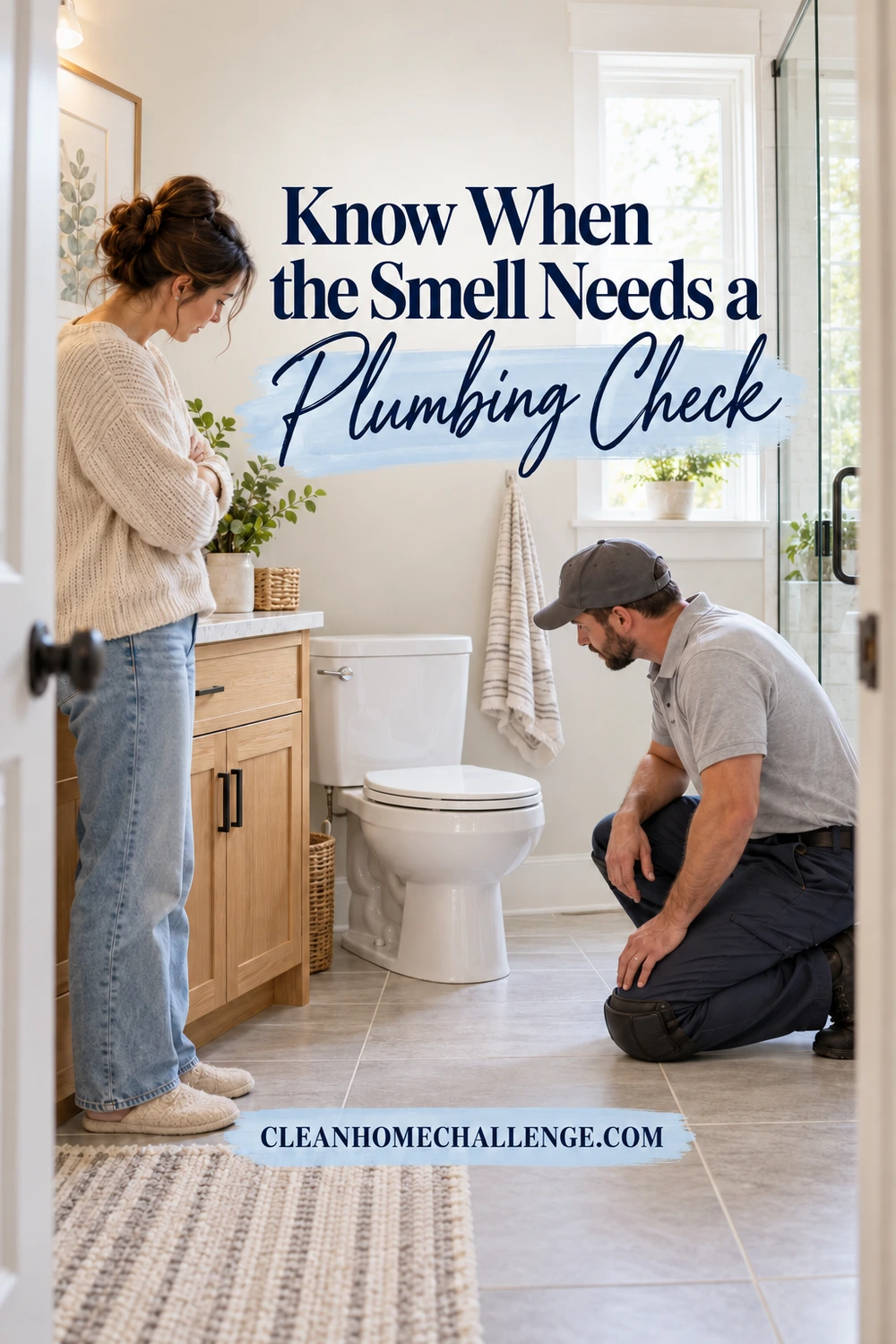 A man wearing work clothes and knee pads kneels near a toilet base while a woman stands beside the vanity watching.