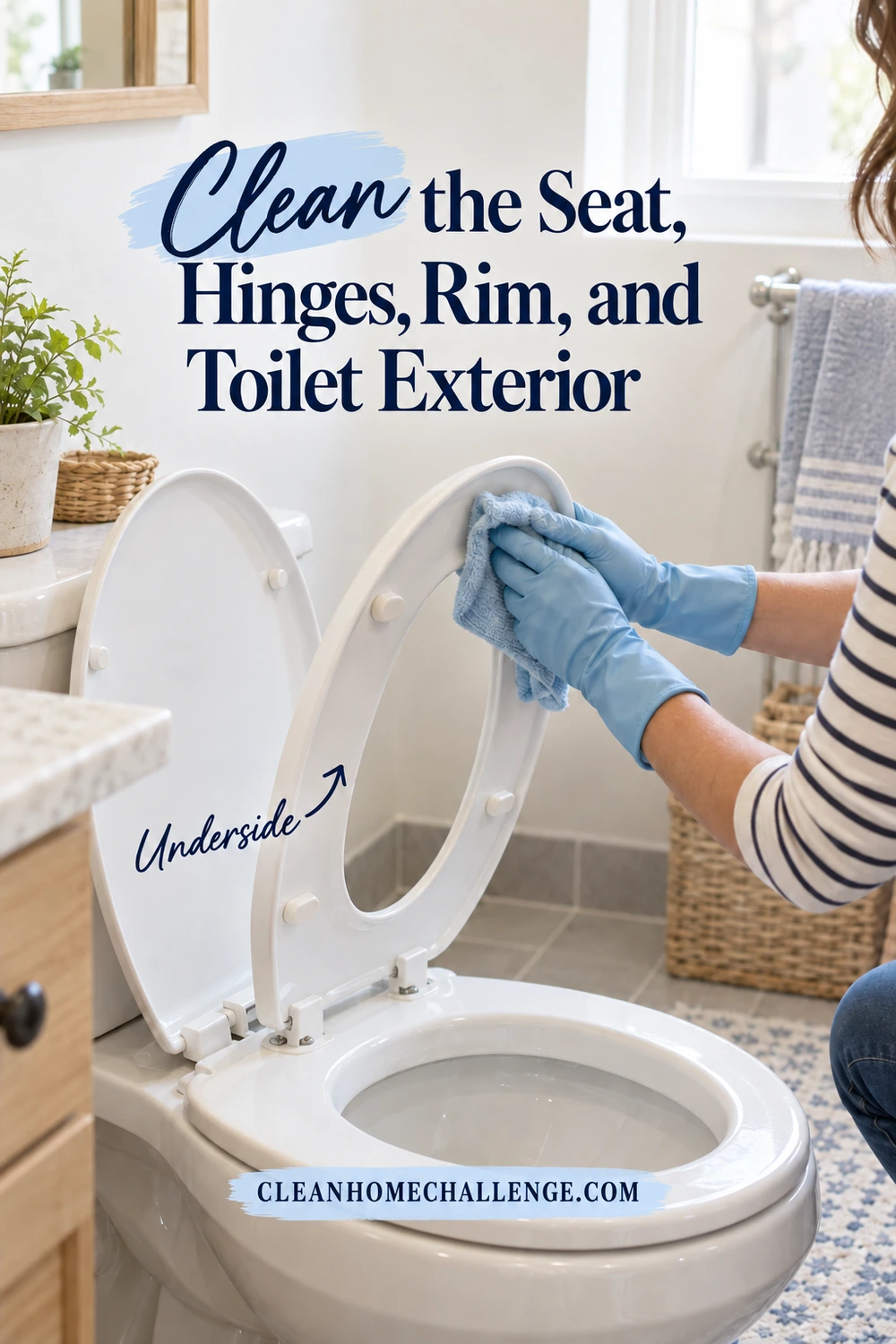 Blue-gloved hands wipe the underside of a raised white toilet seat with a blue cloth, with the seat bumpers and mounting hinges visible.