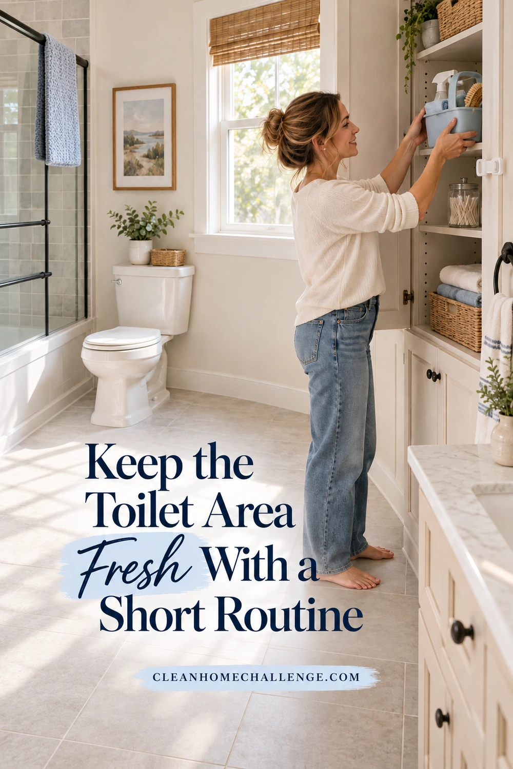 A woman places a cleaning caddy on an upper bathroom cabinet shelf beside a clear tiled floor and a blue mat hanging from a shower rail.