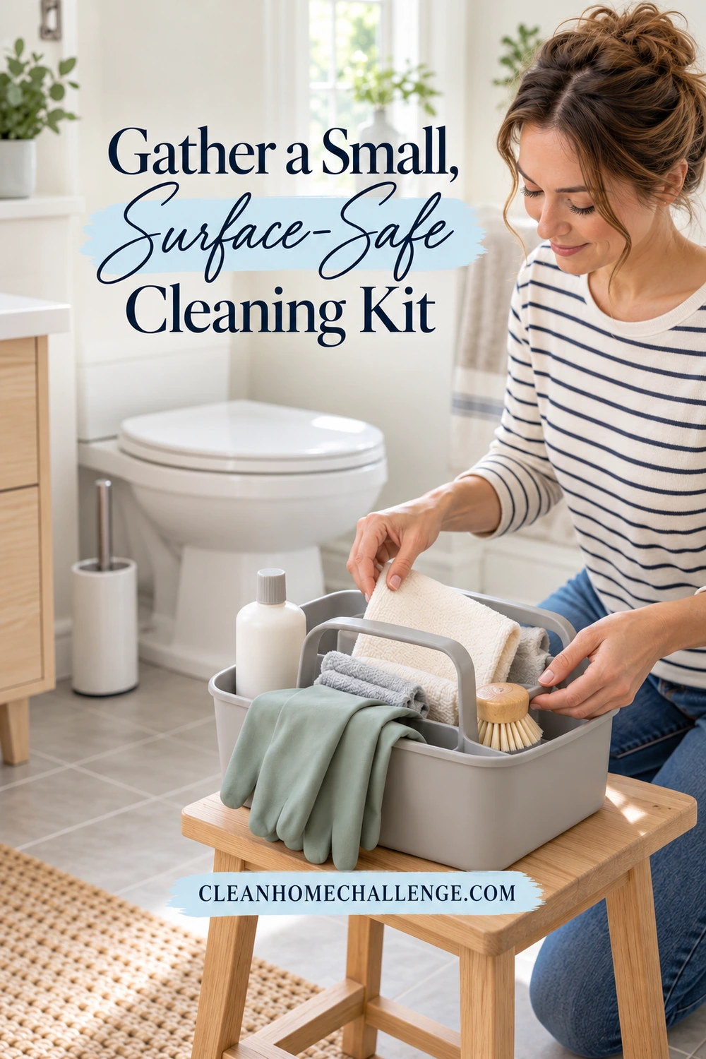 A woman selects a folded cloth from a caddy holding gloves, a bottle, and a small brush, with a separate toilet brush behind her.