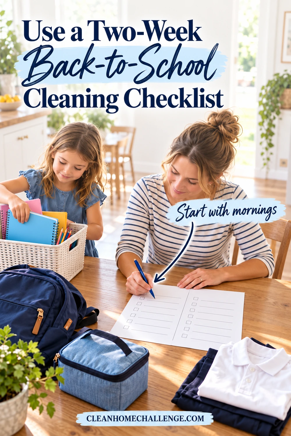 A mother writes on a two-column checklist while her daughter organizes notebooks beside school bags and uniforms.
