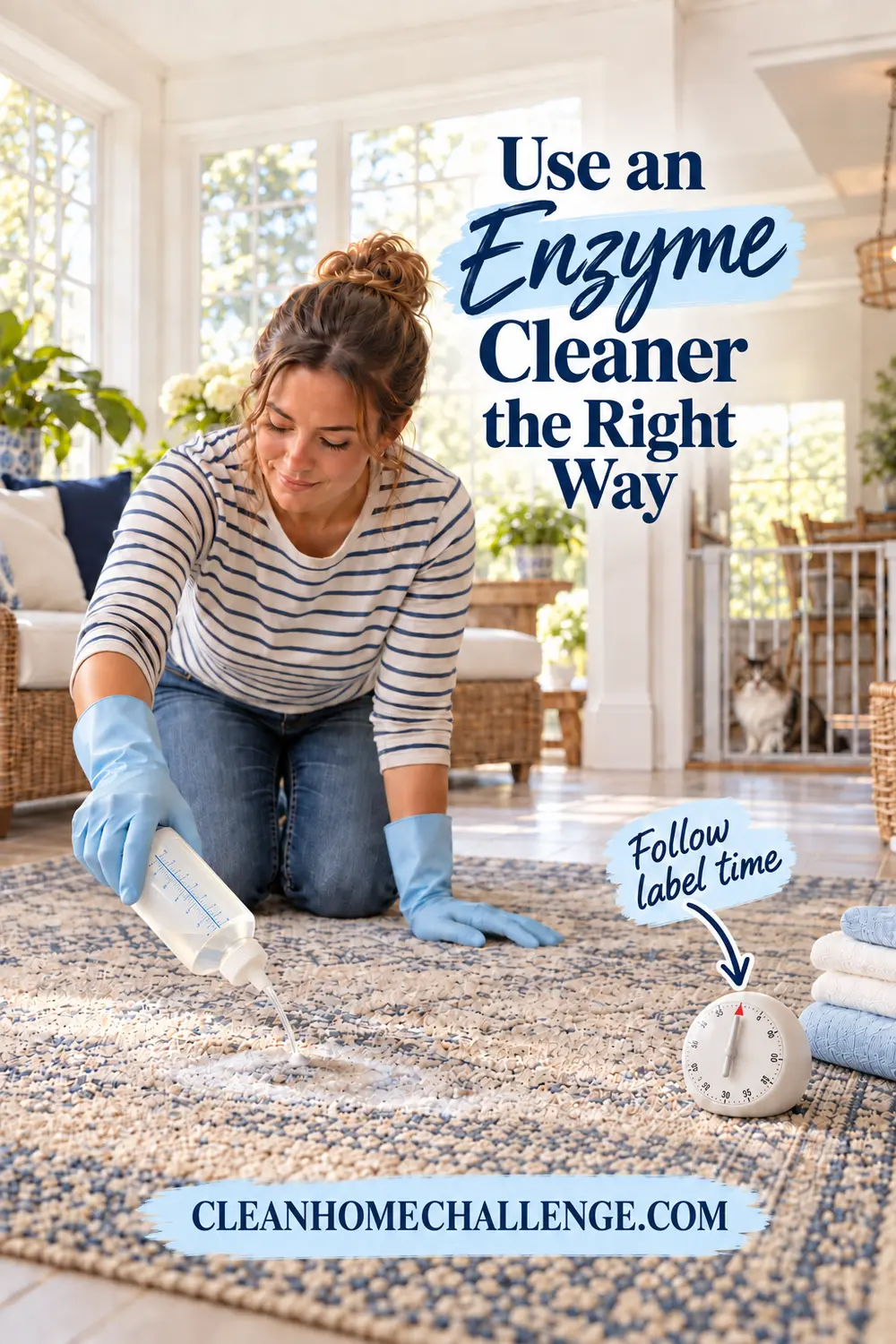 Woman applying measured enzyme cleaner across a marked area rug spot