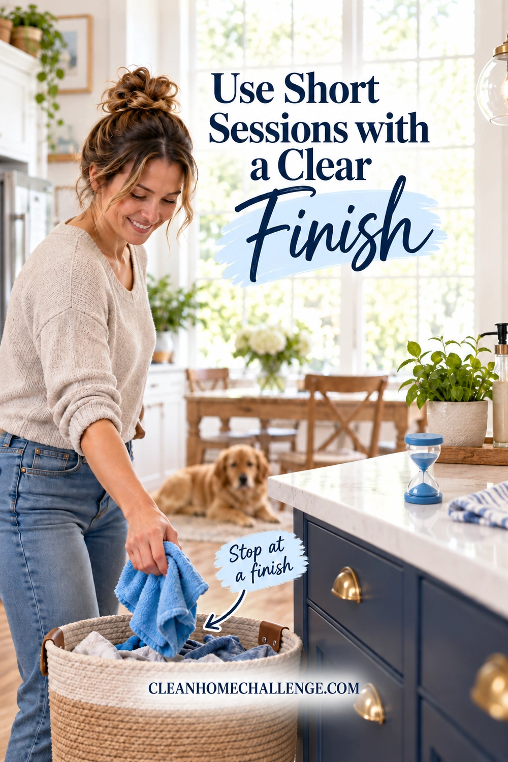 A woman puts a blue cloth away beside a small blue hourglass on a dry kitchen counter.