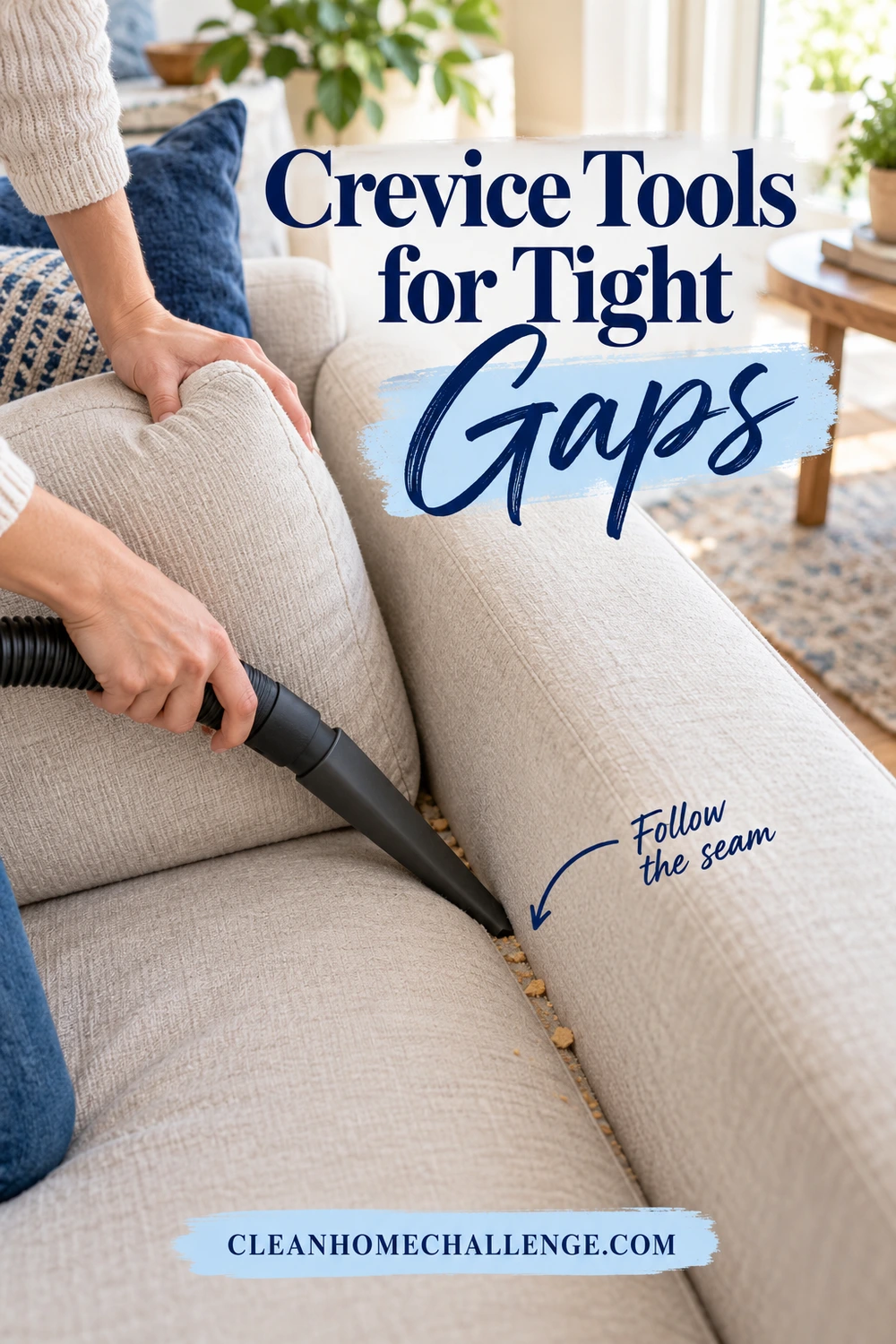 A narrow vacuum nozzle follows a crumb-filled gap beside a sofa arm while a hand supports the nearby cushion.