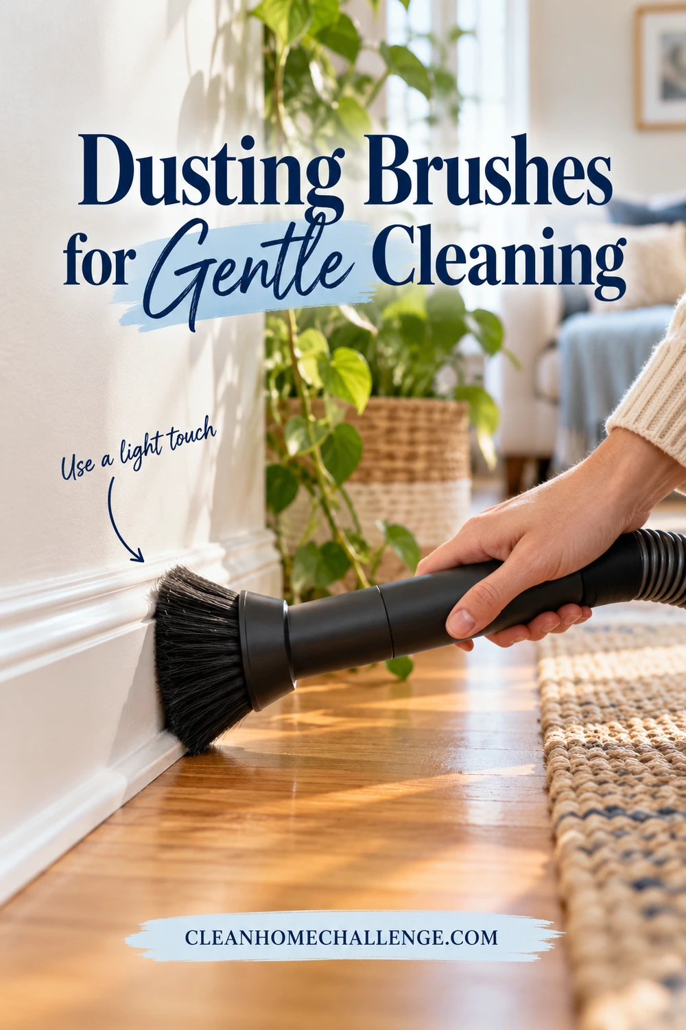 A round bristled vacuum brush touches the face of a white baseboard beside a wood floor and woven rug.
