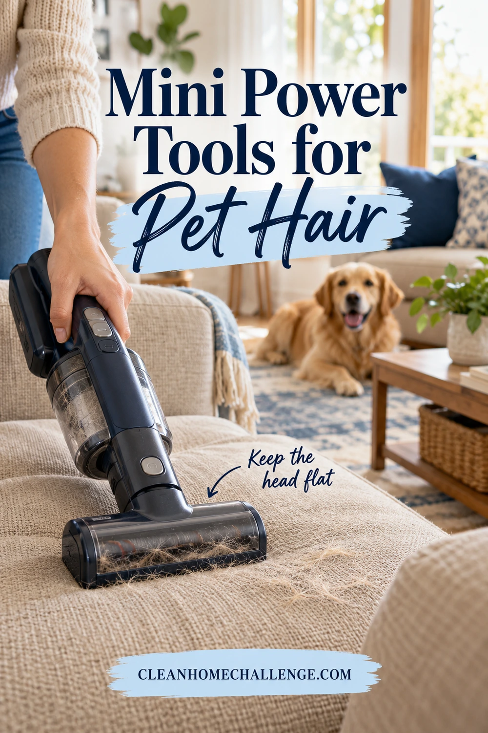A compact roller attachment on a handheld vacuum passes over a sofa seat with pet hair while a dog rests farther away.