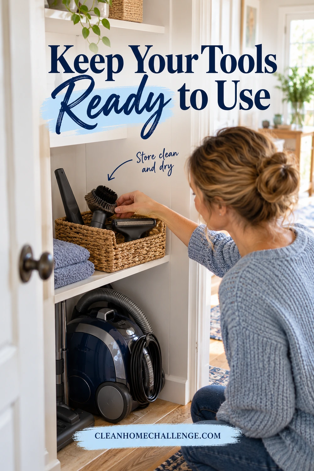 A woman places a round vacuum brush in a basket with other attachments on a closet shelf above a stored canister vacuum.