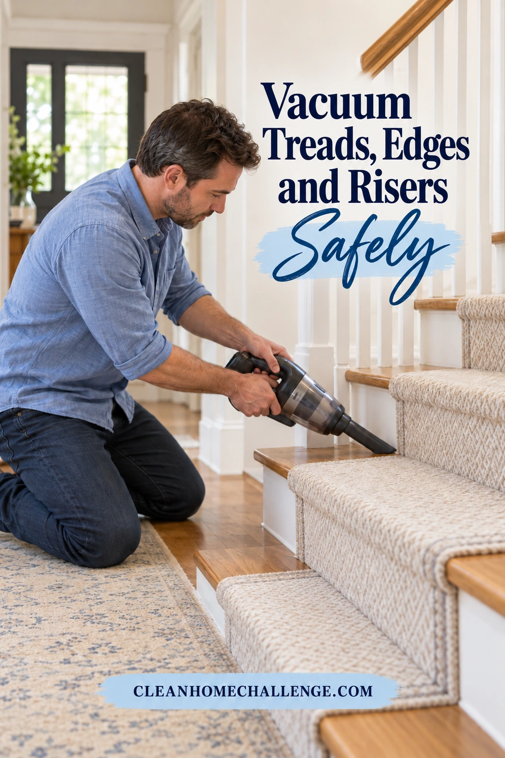 A man kneels on the hallway floor and uses a handheld vacuum’s narrow nozzle along the edge of a cream stair runner.
