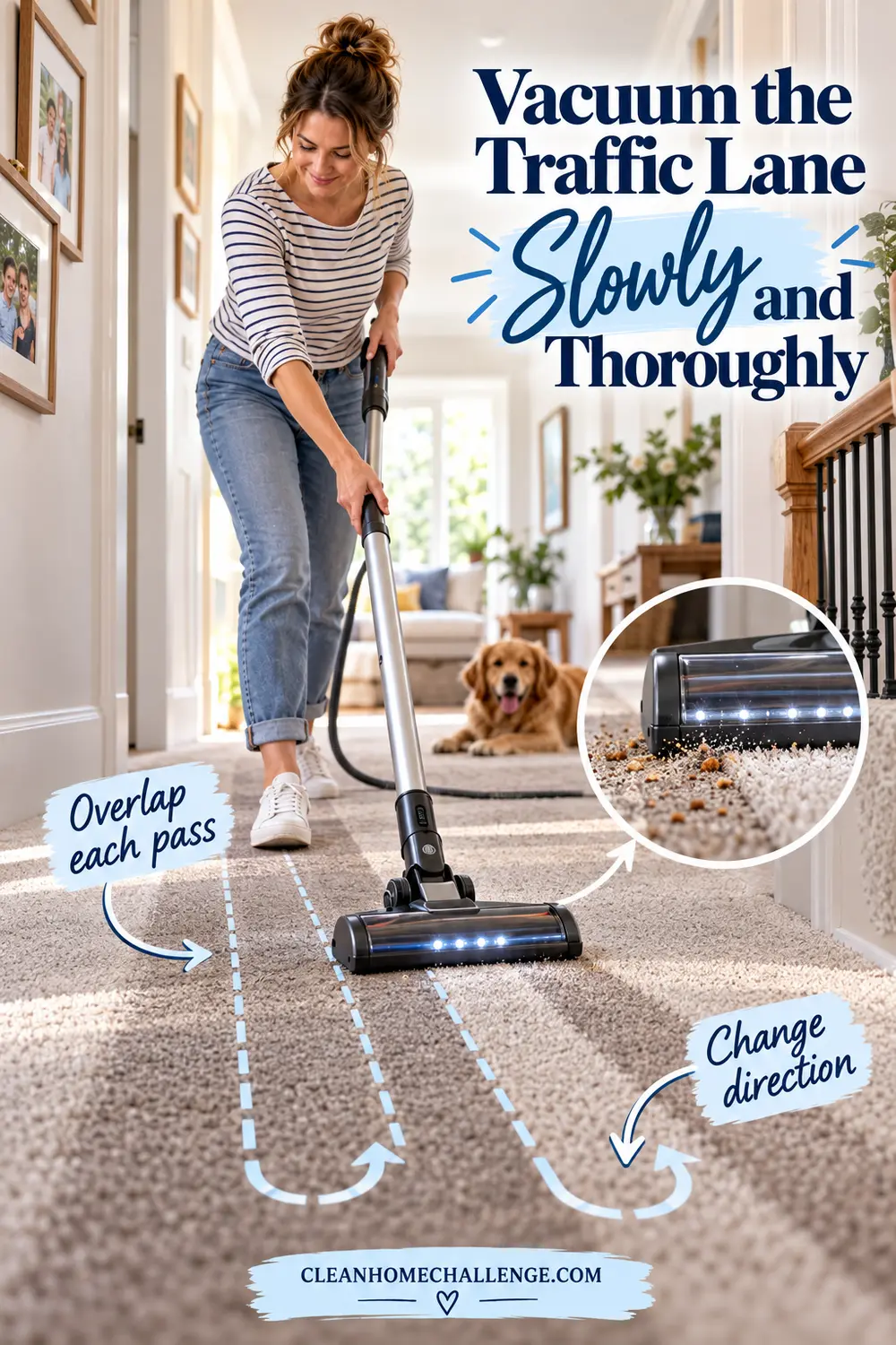 Woman vacuuming a hallway carpet with overlapping passes and a change-of-direction guide.