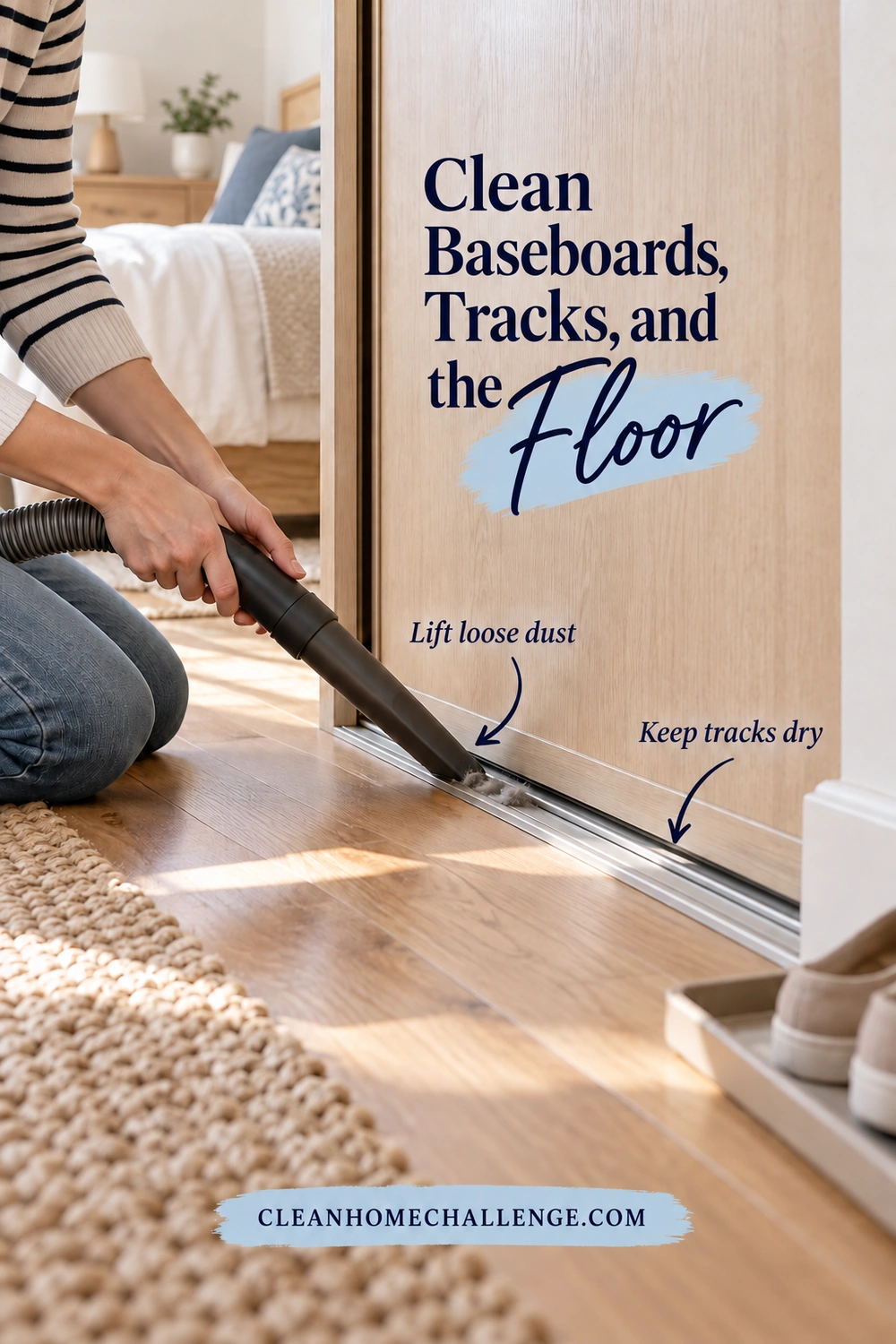A kneeling person vacuums dry lint from a sliding wardrobe's metal track beside wood flooring, a white baseboard, and shoes on a tray.