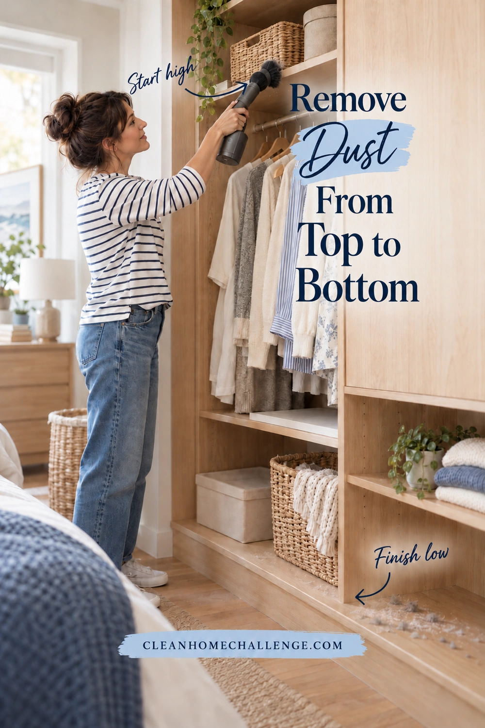A woman uses a handheld vacuum with a soft brush on an upper wardrobe shelf; arrows mark the upper starting point and dusty lower ledge.