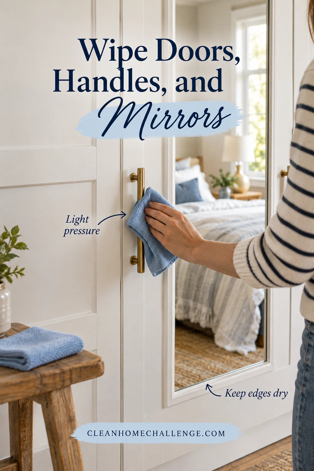 A hand wipes a brass wardrobe handle with a blue cloth beside a framed mirror reflecting a bedroom; callouts highlight light pressure and dry mirror edges.