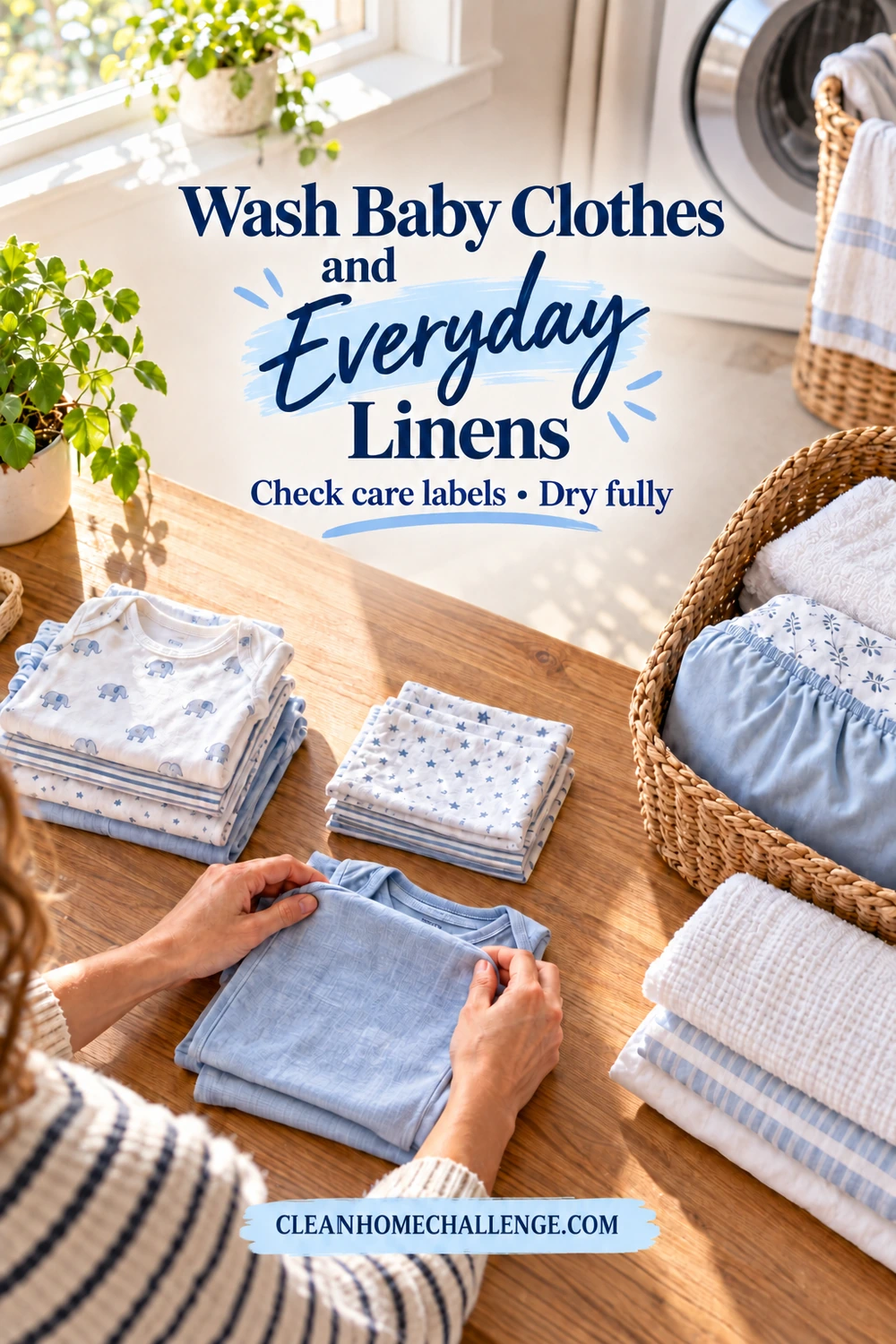 Hands fold a pale-blue baby shirt on a wooden laundry table beside small folded clothes, towels and a basket of linens.