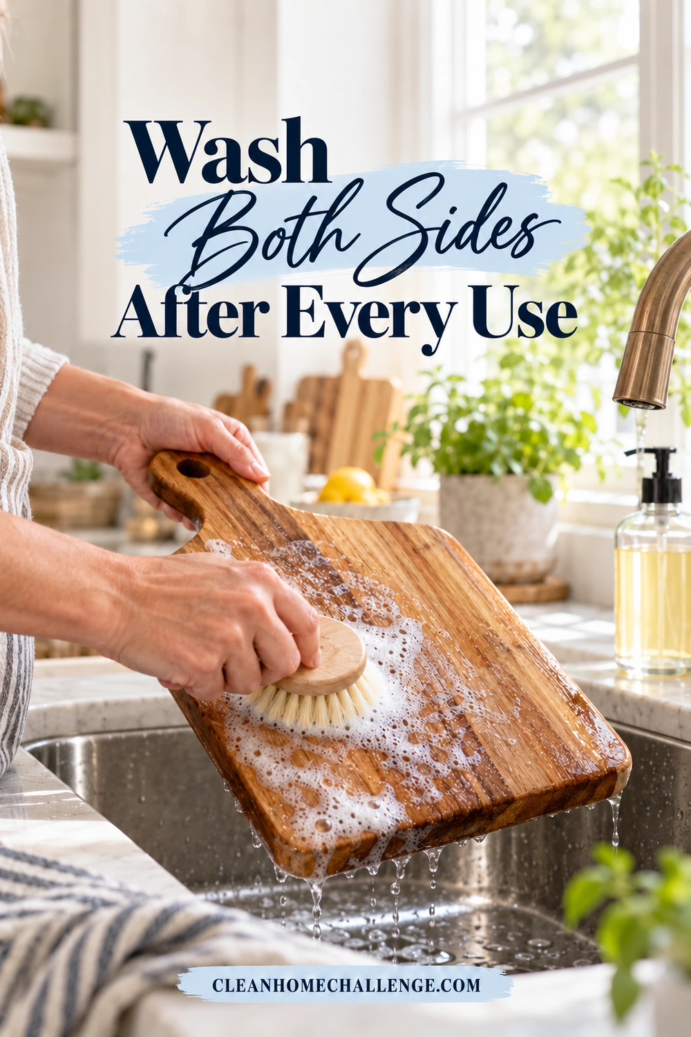 Hands hold a wooden board diagonally over an empty sink while a soft brush washes its face with soap suds.