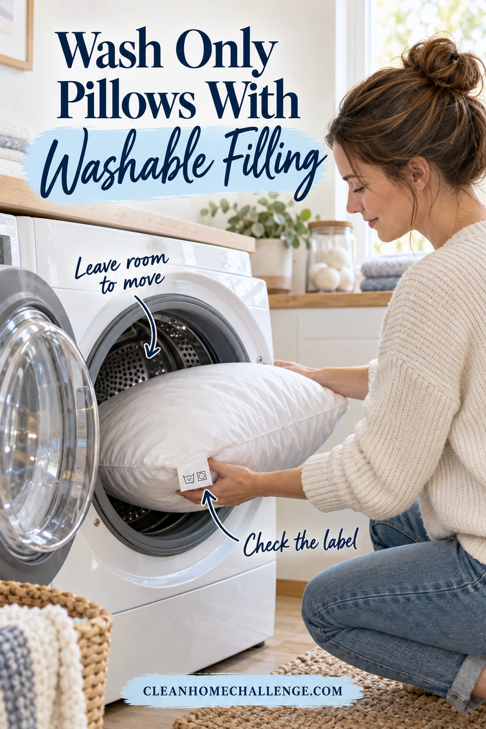 A woman supports a fluffy fabric pillow with both hands while loading it into a spacious front-loading washer.