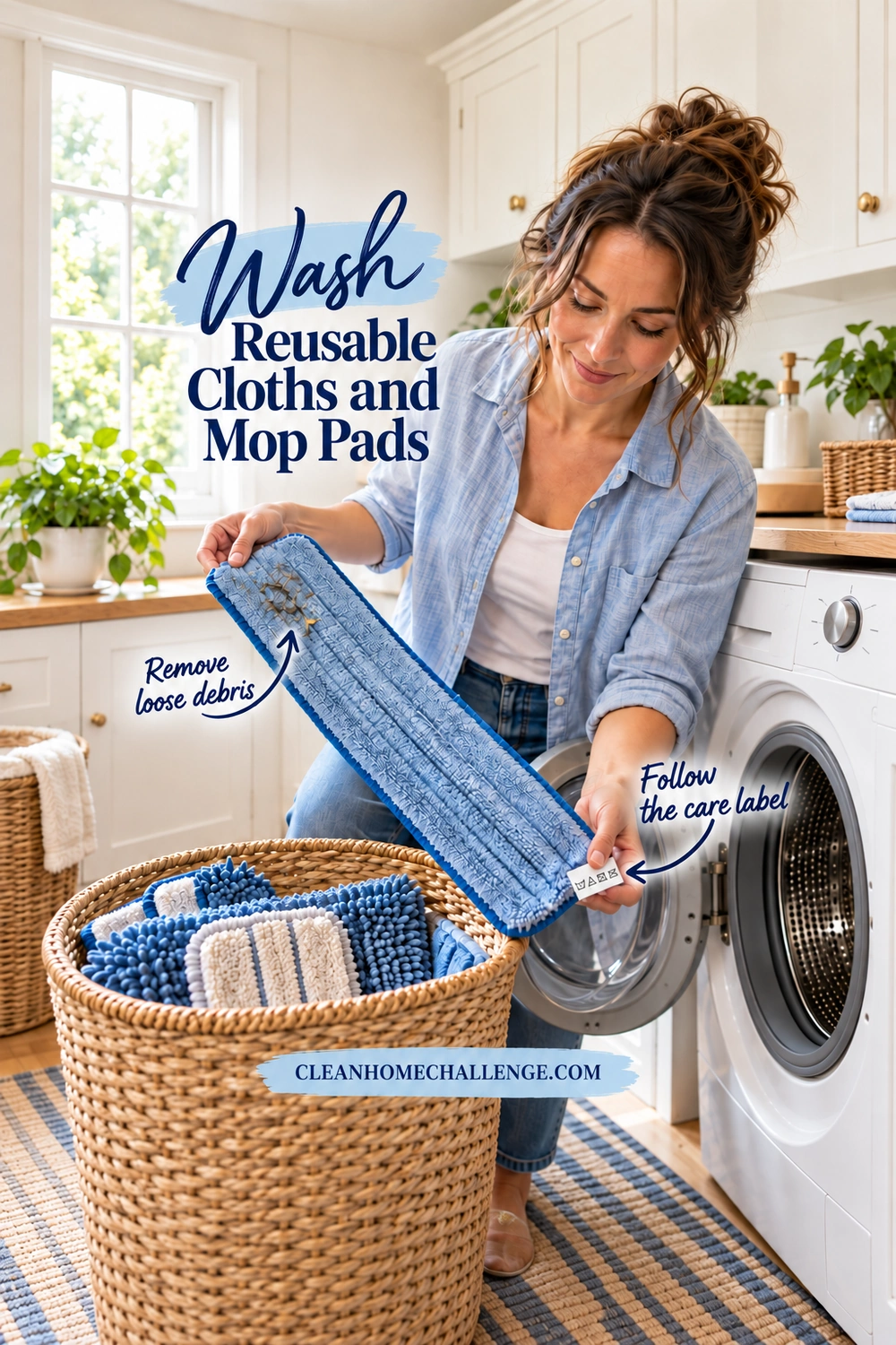 A woman holds a blue mop pad with loose debris and a visible care tag beside an open washer and a basket of reusable pads.